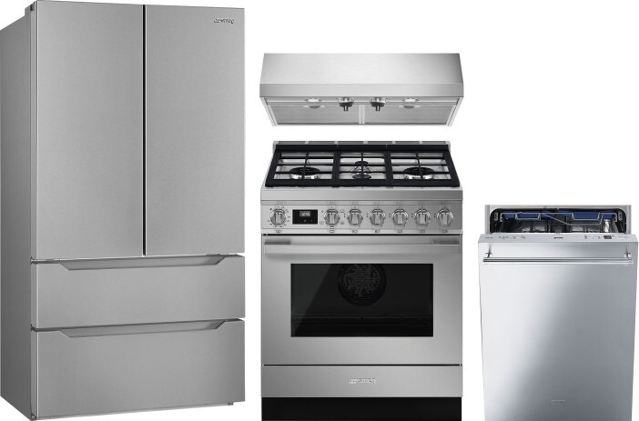 Smeg 4 Piece Kitchen Appliances Package with French Door Refrigerator, Gas Range and Dishwasher in Stainless Steel SMRERADWRH730