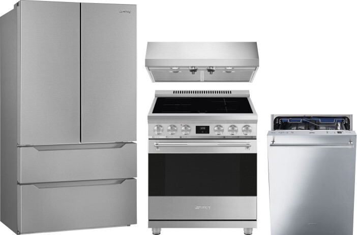 Smeg 4 Piece Kitchen Appliances Package with French Door Refrigerator, Induction Range and Dishwasher in Stainless Steel SMRERADWRH731