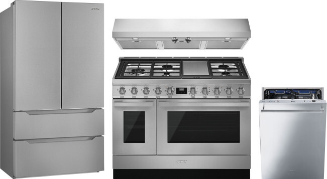 Smeg 4 Piece Kitchen Appliances Package with French Door Refrigerator, Dual Fuel Range and Dishwasher in Stainless Steel SMRERADWRH735
