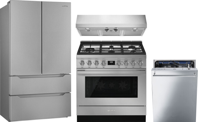 Smeg 4 Piece Kitchen Appliances Package with French Door Refrigerator, Gas Range and Dishwasher in Stainless Steel SMRERADWRH736