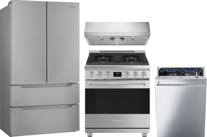 Smeg 4 Piece Kitchen Appliances Package with French Door Refrigerator, Gas Range and Dishwasher in Stainless Steel SMRERADWRH737