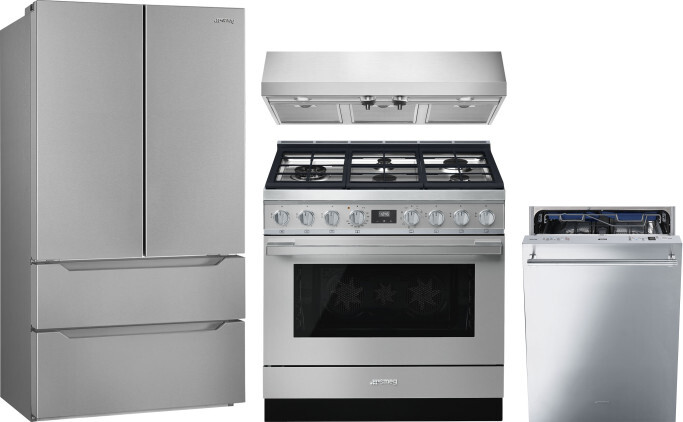 Smeg 4 Piece Kitchen Appliances Package with French Door Refrigerator, Dual Fuel Range and Dishwasher in Stainless Steel SMRERADWRH738