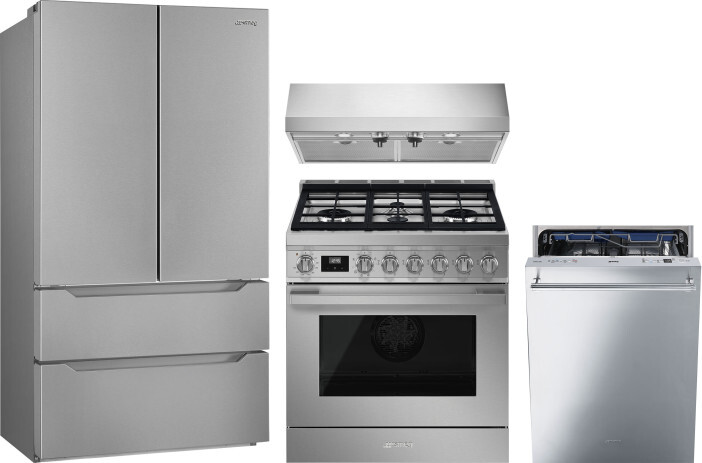 Smeg 4 Piece Kitchen Appliances Package with French Door Refrigerator, Dual Fuel Range and Dishwasher in Stainless Steel SMRERADWRH739