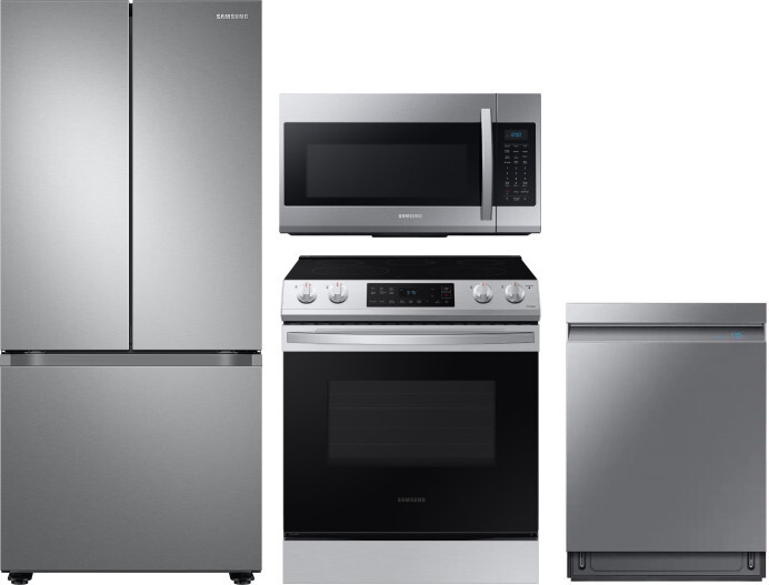 Samsung 4 Piece Kitchen Appliances Package with French Door Refrigerator, Electric Range, Dishwasher and Over the Range Microwave in Stainless Steel S