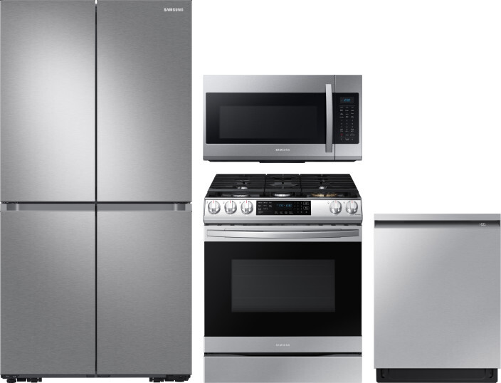 Samsung 4 Piece Kitchen Appliances Package with French Door Refrigerator, Gas Range, Dishwasher and Over the Range Microwave in Stainless Steel SARERA