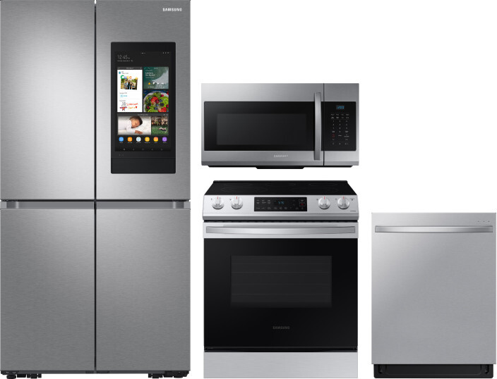 Samsung 4 Piece Kitchen Appliances Package with French Door Refrigerator, Electric Range, Dishwasher and Over the Range Microwave in Stainless Steel S