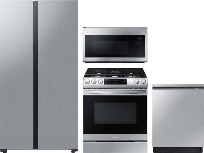 Samsung 4 Piece Kitchen Appliances Package with Side-by-Side Refrigerator, Gas Range, Dishwasher and Over the Range Microwave in Stainless Steel SARER