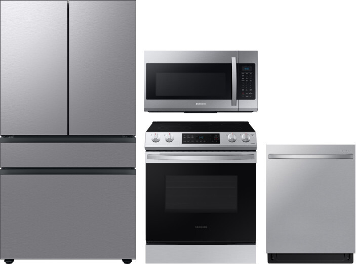Samsung 4 Piece Kitchen Appliances Package with French Door Refrigerator, Electric Range, Dishwasher and Over the Range Microwave in Stainless Steel S