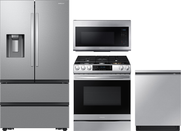 Samsung 4 Piece Kitchen Appliances Package with French Door Refrigerator, Gas Range, Dishwasher and Over the Range Microwave in Stainless Steel SARERA
