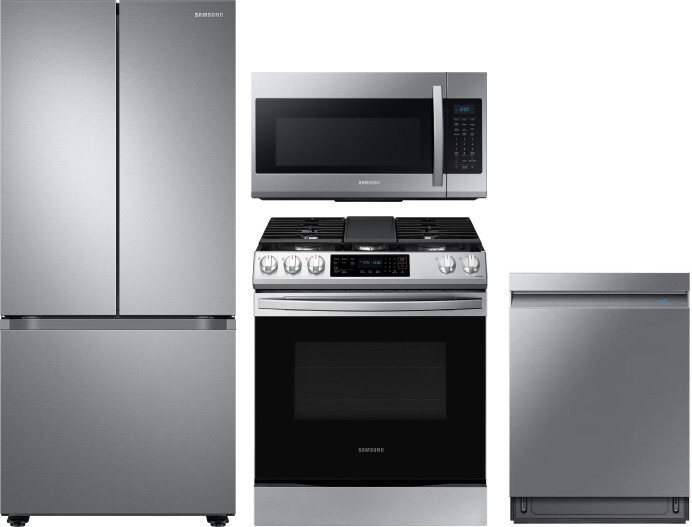Samsung 4 Piece Kitchen Appliances Package with French Door Refrigerator, Gas Range, Dishwasher and Over the Range Microwave in Stainless Steel SARERA