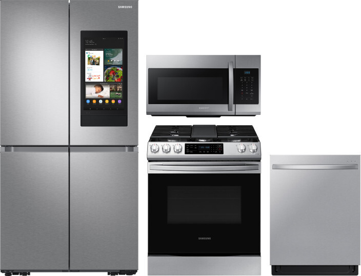 Samsung 4 Piece Kitchen Appliances Package with French Door Refrigerator, Gas Range, Dishwasher and Over the Range Microwave in Stainless Steel SARERA