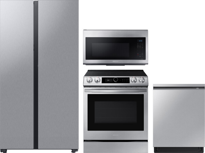 Samsung 4 Piece Kitchen Appliances Package with Side-by-Side Refrigerator, Electric Range, Dishwasher and Over the Range Microwave in Stainless Steel 