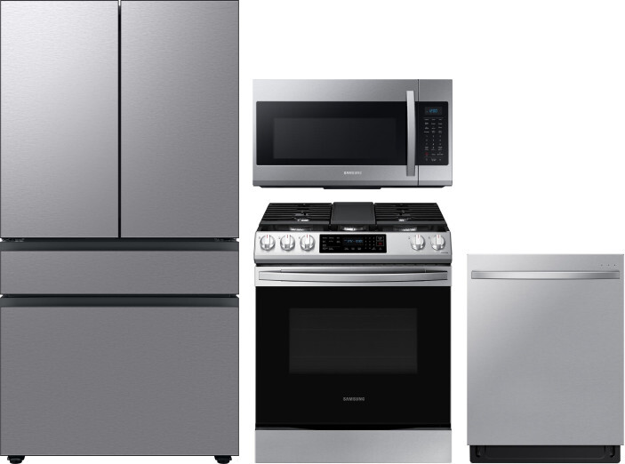Samsung 4 Piece Kitchen Appliances Package with French Door Refrigerator, Gas Range, Dishwasher and Over the Range Microwave in Stainless Steel SARERA