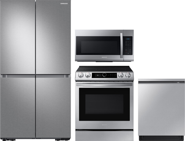 Samsung 4 Piece Kitchen Appliances Package with French Door Refrigerator, Electric Range, Dishwasher and Over the Range Microwave in Stainless Steel S