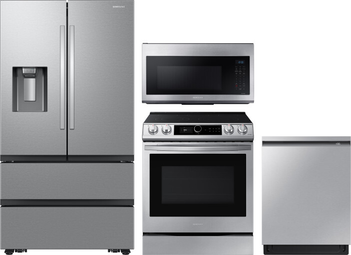 Samsung 4 Piece Kitchen Appliances Package with French Door Refrigerator, Electric Range, Dishwasher and Over the Range Microwave in Stainless Steel S