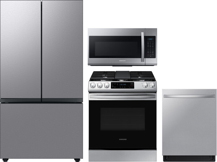 Samsung 4 Piece Kitchen Appliances Package with French Door Refrigerator, Gas Range, Dishwasher and Over the Range Microwave in Stainless Steel SARERA