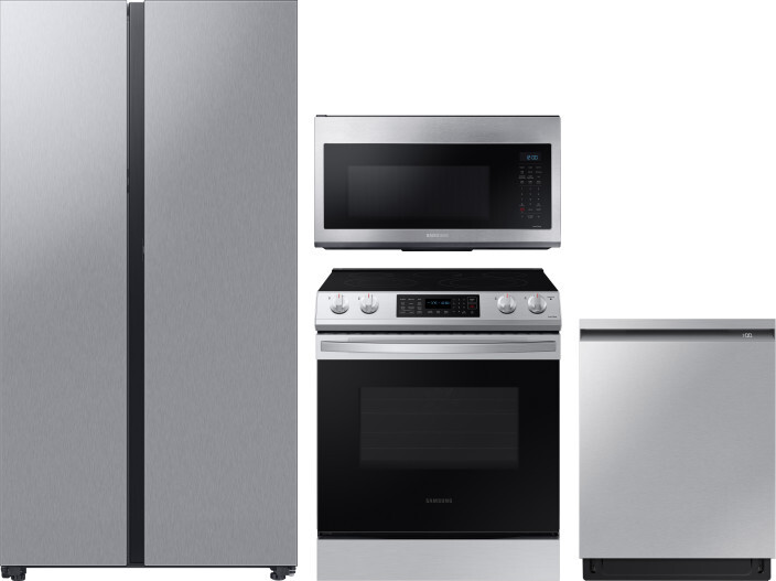Samsung 4 Piece Kitchen Appliances Package with Side-by-Side Refrigerator, Electric Range, Dishwasher and Over the Range Microwave in Stainless Steel 