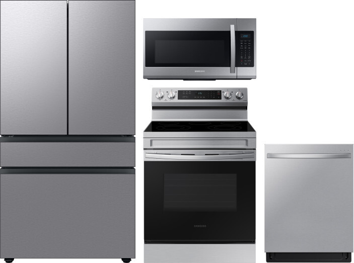Samsung 4 Piece Kitchen Appliances Package with French Door Refrigerator, Electric Range, Dishwasher and Over the Range Microwave in Stainless Steel S
