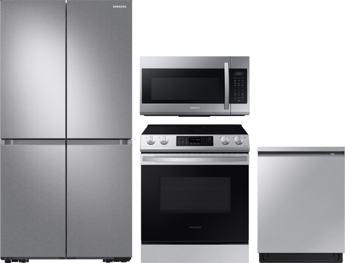 Samsung 4 Piece Kitchen Appliances Package with French Door Refrigerator, Electric Range, Dishwasher and Over the Range Microwave in Stainless Steel S