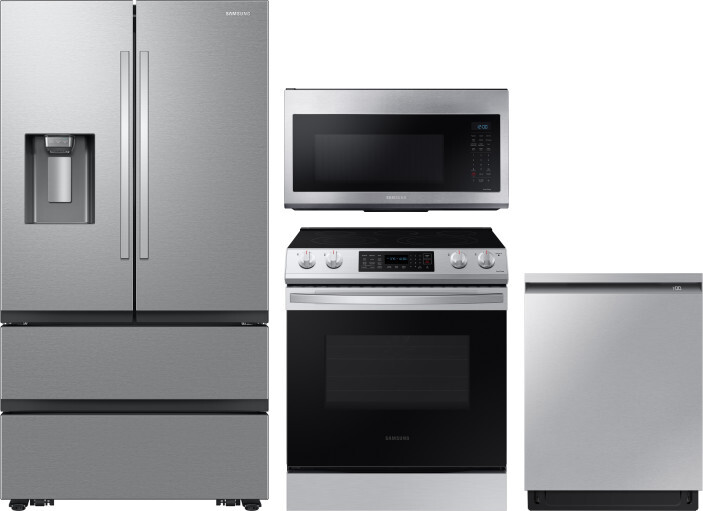 Samsung 4 Piece Kitchen Appliances Package with French Door Refrigerator, Electric Range, Dishwasher and Over the Range Microwave in Stainless Steel S