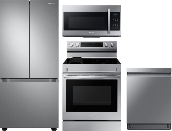 Samsung 4 Piece Kitchen Appliances Package with French Door Refrigerator, Electric Range, Dishwasher and Over the Range Microwave in Stainless Steel S