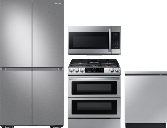 Samsung 4 Piece Kitchen Appliances Package with French Door Refrigerator, Dual Fuel Range, Dishwasher and Over the Range Microwave in Stainless Steel 
