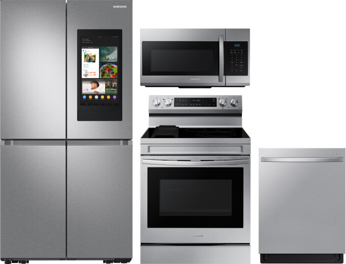 Samsung 4 Piece Kitchen Appliances Package with French Door Refrigerator, Electric Range, Dishwasher and Over the Range Microwave in Stainless Steel S