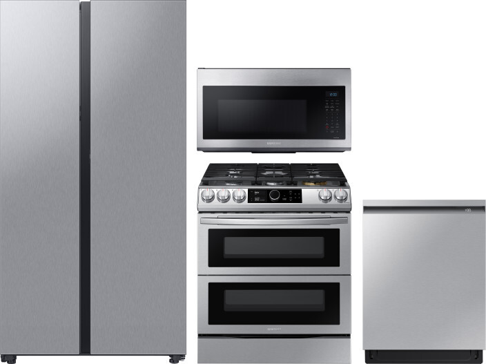 Samsung 4 Piece Kitchen Appliances Package with Side-by-Side Refrigerator, Dual Fuel Range, Dishwasher and Over the Range Microwave in Stainless Steel