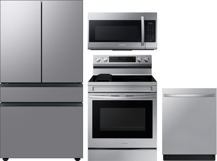 Samsung 4 Piece Kitchen Appliances Package with French Door Refrigerator, Electric Range, Dishwasher and Over the Range Microwave in Stainless Steel S