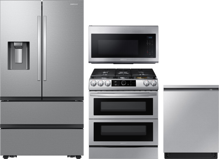 Samsung 4 Piece Kitchen Appliances Package with French Door Refrigerator, Dual Fuel Range, Dishwasher and Over the Range Microwave in Stainless Steel 