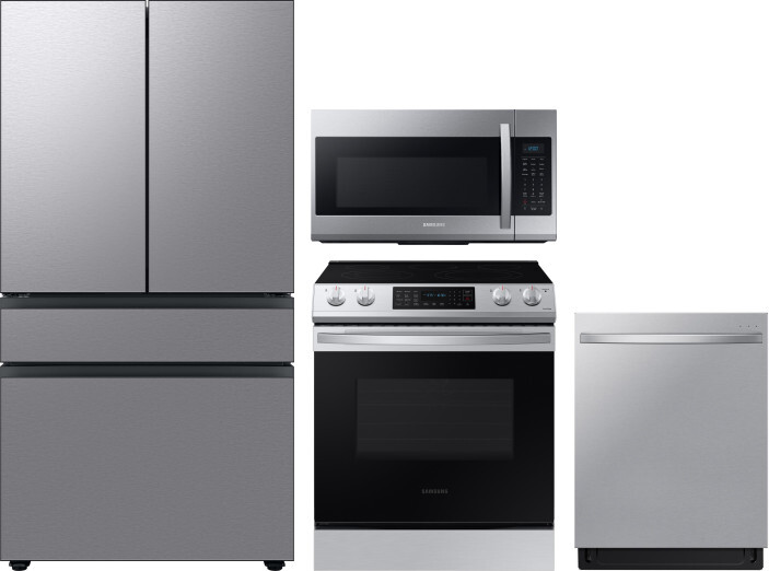 Samsung 4 Piece Kitchen Appliances Package with French Door Refrigerator, Electric Range, Dishwasher and Over the Range Microwave in Stainless Steel S