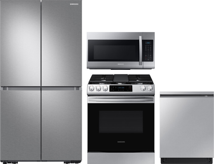 Samsung 4 Piece Kitchen Appliances Package with French Door Refrigerator, Gas Range, Dishwasher and Over the Range Microwave in Stainless Steel SARERA