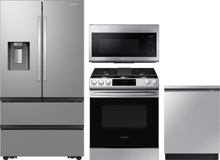Samsung 4 Piece Kitchen Appliances Package with French Door Refrigerator, Gas Range, Dishwasher and Over the Range Microwave in Stainless Steel SARERA