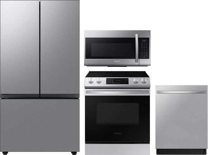 Samsung 4 Piece Kitchen Appliances Package with French Door Refrigerator, Electric Range, Dishwasher and Over the Range Microwave in Stainless Steel S