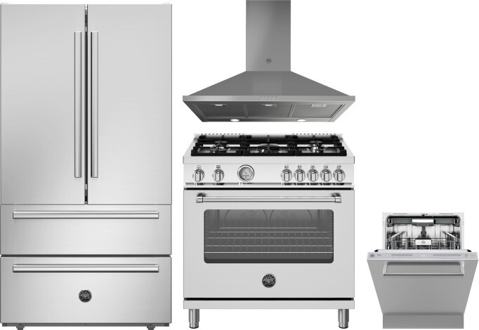Bertazzoni 4 Piece Kitchen Appliances Package with French Door Refrigerator, Gas Range and Dishwasher in Stainless Steel BERERADWRH1111