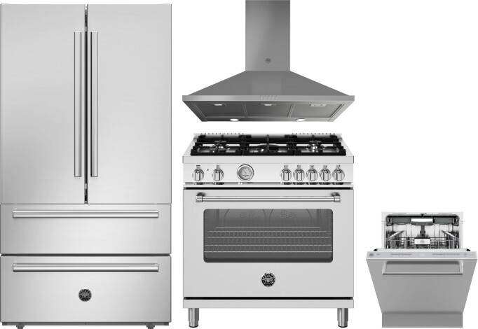Bertazzoni 4 Piece Kitchen Appliances Package with French Door Refrigerator, Dual Fuel Range and Dishwasher in Stainless Steel BERERADWRH1113