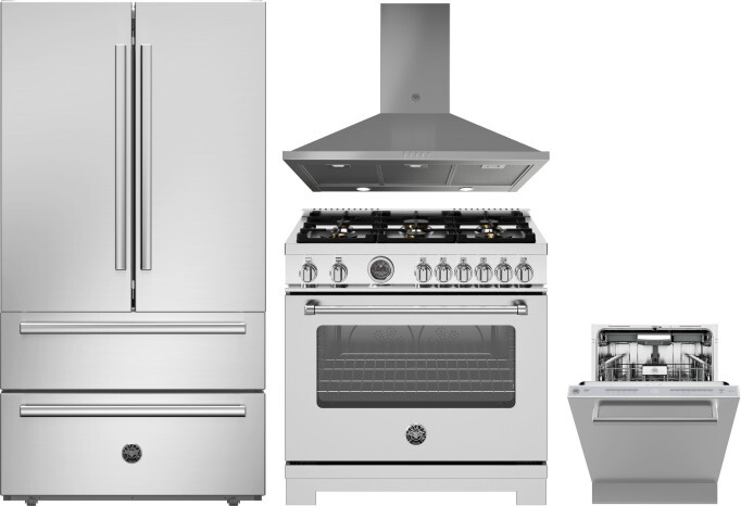 Bertazzoni 4 Piece Kitchen Appliances Package with French Door Refrigerator, Gas Range and Dishwasher in Stainless Steel BERERADWRH1114