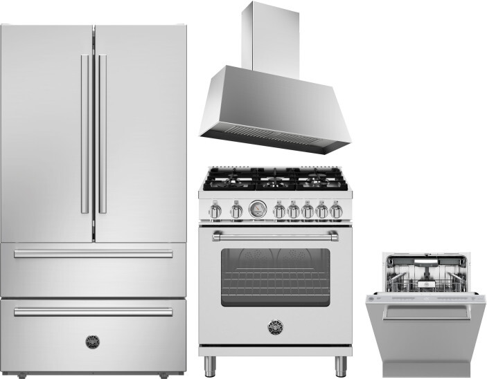 Bertazzoni 4 Piece Kitchen Appliances Package with French Door Refrigerator, Gas Range and Dishwasher in Stainless Steel BERERADWRH1122