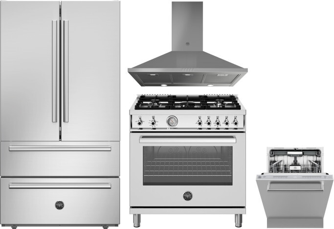 Bertazzoni 4 Piece Kitchen Appliances Package with French Door Refrigerator, Gas Range and Dishwasher in Stainless Steel BERERADWRH1112