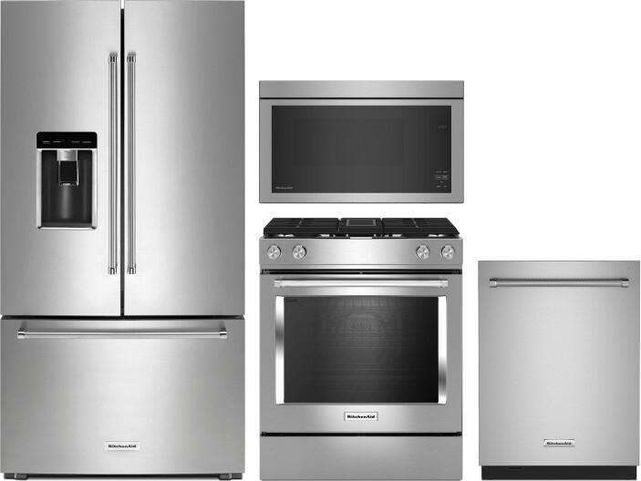 KitchenAid 4 Piece Kitchen Appliances Package with French Door Refrigerator, Dual Fuel Range, Dishwasher and Over the Range Microwave in Stainless Ste
