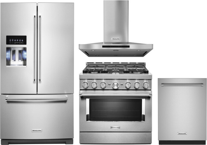 KitchenAid 4 Piece Kitchen Appliances Package with French Door Refrigerator, Gas Range and Dishwasher in Stainless Steel KARERADWMW107