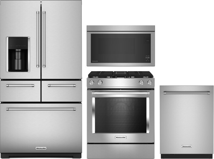 KitchenAid 4 Piece Kitchen Appliances Package with French Door Refrigerator, Dual Fuel Range, Dishwasher and Over the Range Microwave in Stainless Ste