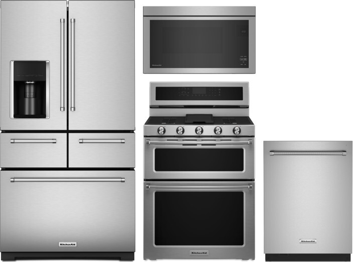 KitchenAid 4 Piece Kitchen Appliances Package with French Door Refrigerator, Gas Range, Dishwasher and Over the Range Microwave in Stainless Steel KAR