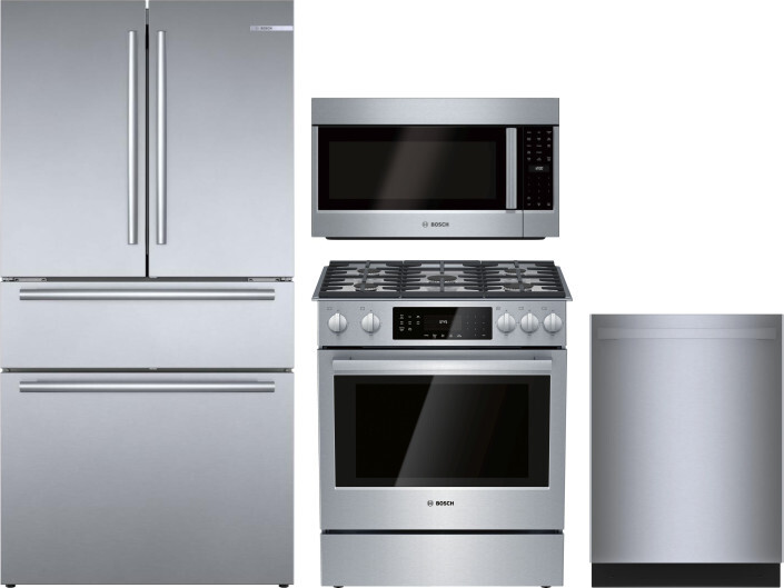 Bosch 800 4 Piece Kitchen Appliances Package with French Door Refrigerator, Gas Range, Dishwasher and Over the Range Microwave in Stainless Steel BORE
