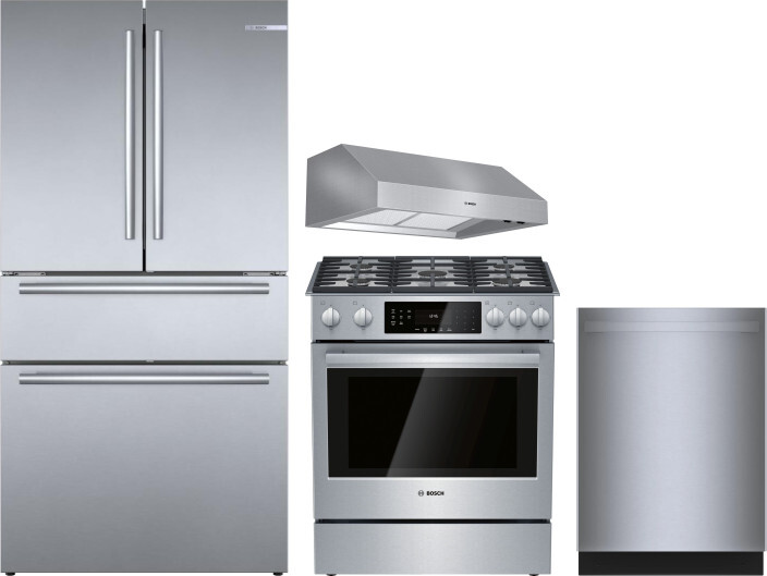 Bosch 800 4 Piece Kitchen Appliances Package with French Door Refrigerator, Gas Range and Dishwasher in Stainless Steel BORERARHDW98