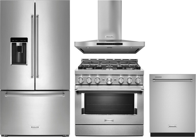 KitchenAid 4 Piece Kitchen Appliances Package with French Door Refrigerator, Gas Range and Dishwasher in Stainless Steel KARERADWMW120