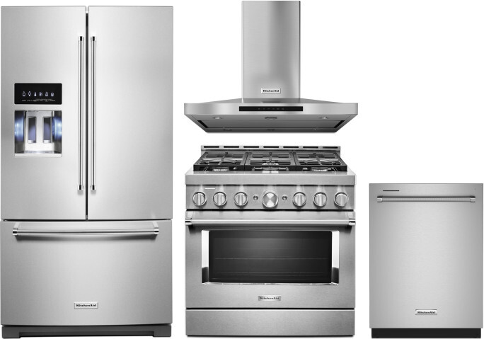 KitchenAid 4 Piece Kitchen Appliances Package with French Door Refrigerator, Gas Range and Dishwasher in Stainless Steel KARERADWMW123