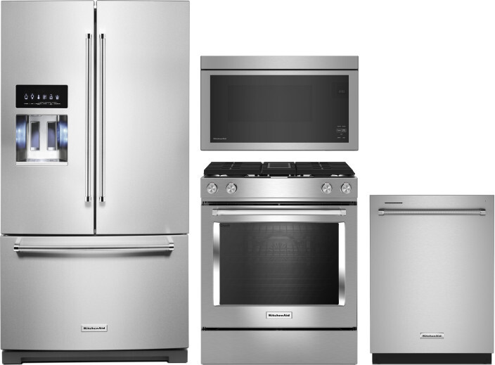 KitchenAid 4 Piece Kitchen Appliances Package with French Door Refrigerator, Dual Fuel Range, Dishwasher and Over the Range Microwave in Stainless Ste
