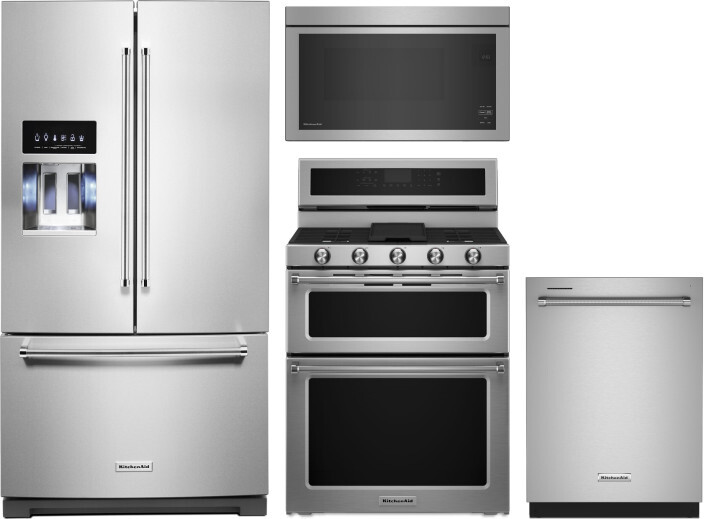 KitchenAid 4 Piece Kitchen Appliances Package with French Door Refrigerator, Gas Range, Dishwasher and Over the Range Microwave in Stainless Steel KAR