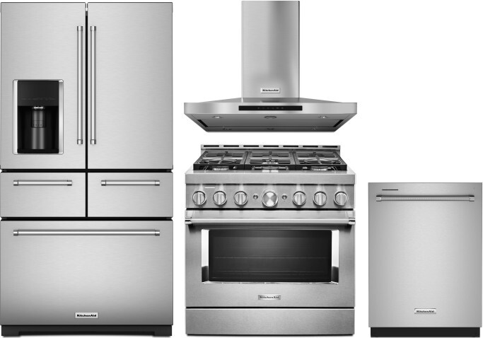 KitchenAid 4 Piece Kitchen Appliances Package with French Door Refrigerator, Gas Range and Dishwasher in Stainless Steel KARERADWMW132